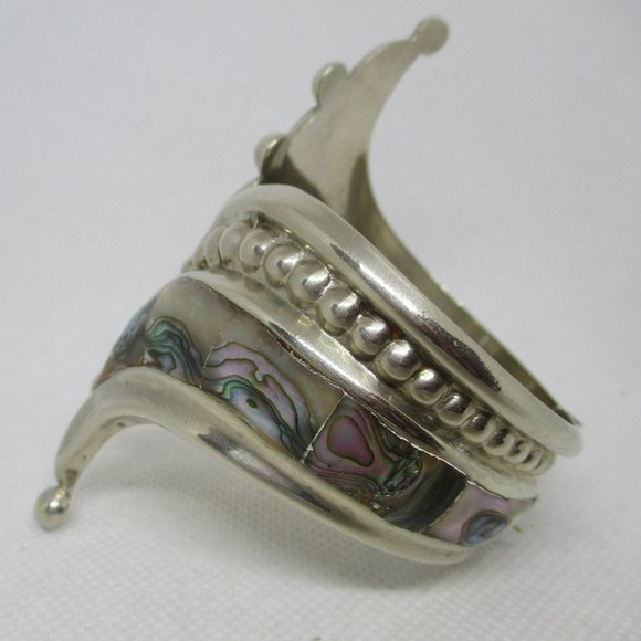 Wide ABALONE MEXICAN SILVER Bracelet Mexican Silver Abalone Swirl Clamper Cuff - Picture 14 of 14